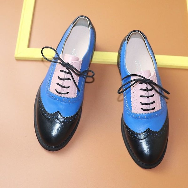 Women's Flats Oxfords Sneakers i äkta läder - Svart Blå Rosa 8.5