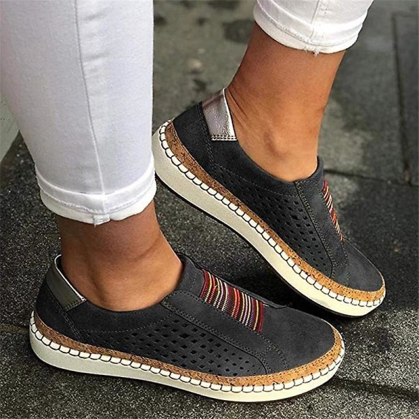 Kvinnor Handsydd Randig Andas Elastisk Retro Casual Flat Sneaker Black1 42