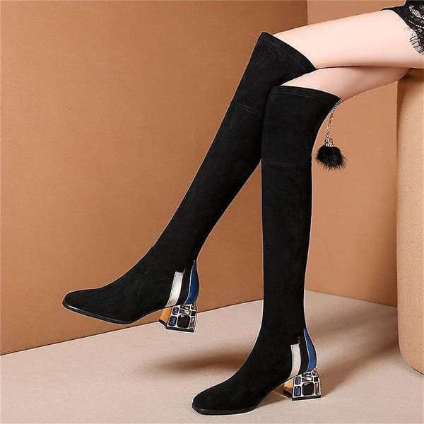 Kvinnor Stretch Slim Rhinestone Heel Over The Knee Boots 5.5 / CWM 85 blue