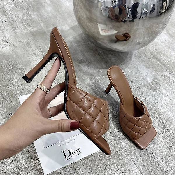 Kvinnor Elegant fyrkantig sandalintå tunna höga klackar Brown 40