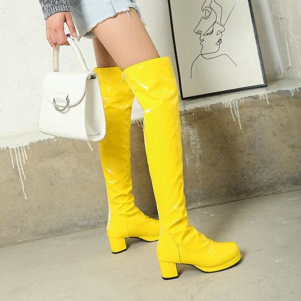 Patent Pu Läder Kvinnor Over The Knee Boots Yellow 10