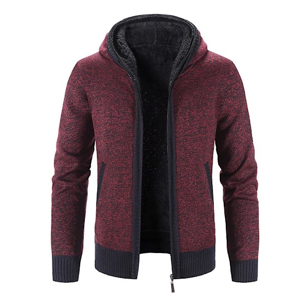 Casual Slim Full Zip Tjock Stickad Huv Cardigan Sweaters för män röd S