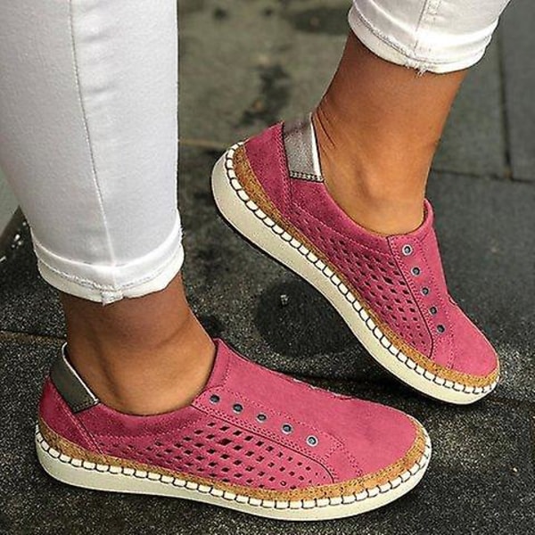 Handgjorda randiga andningsbara elastiska retro vardagliga platta sneakers för kvinnor / rosered4 39