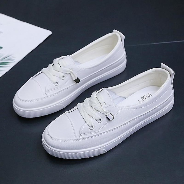 Kvinnliga Pu Läder Walking Sneakers Loafers White 8.5