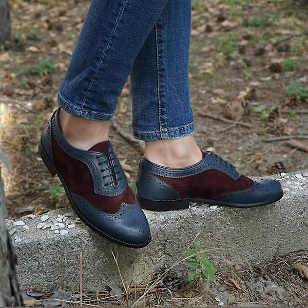 Kvinnors Flats Oxfords Sneakers i äkta läder - Brun Beige Blå 9