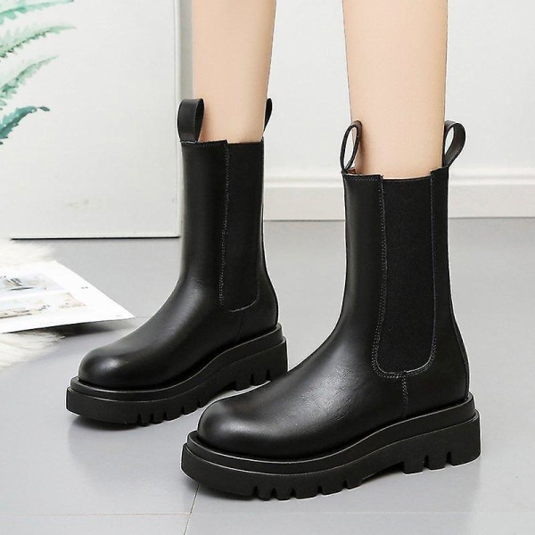 Kvinnor läder Chunky Winter Platform Ankel Boots 812black 38