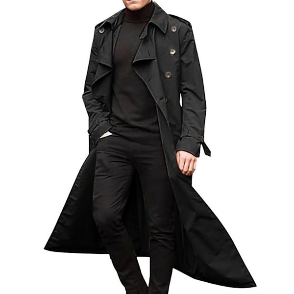 Män Lång Trench Coat Lapel Overcoat Casual Jacka Vanliga Ytterkläder Toppar svart S