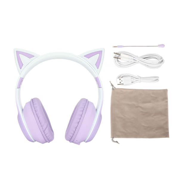 Trådlösa spelhörlurar med kattöron, Bluetooth, vikbara, musikheadset med LED-belysning, avtagbar mikrofon, 3,5 mm kabel, lila