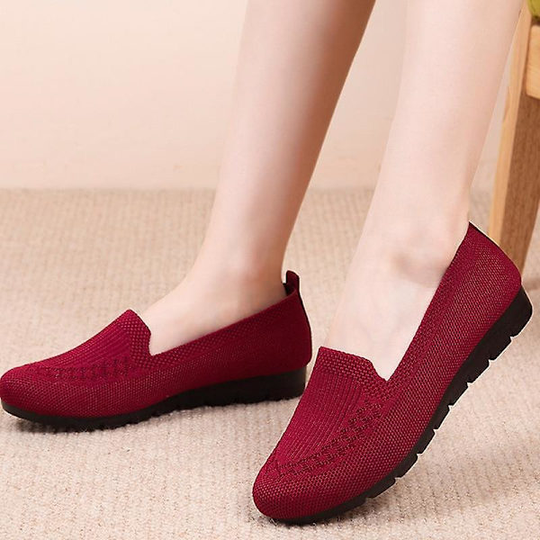 Kvinnor stickar andningsbara Loafers Platt balett, lätt sneaker red2 9