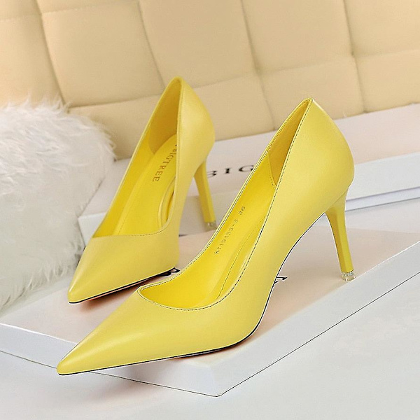 Dam Läder Högklackade Spetsiga Festskor - Gul 7.5cm 7 / 9511-17-7.5cm yellow