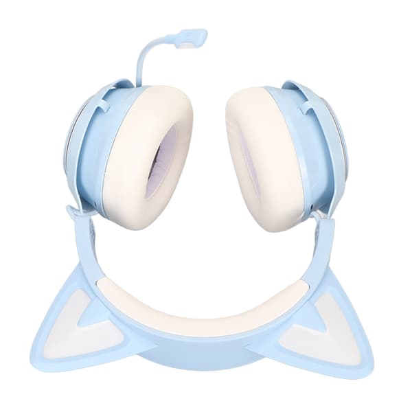 Spelheadset med kattöron, RGB-belysning, Bluetooth, trådlösa hörlurar med infällbart 120 graders roterbart mikrofon för bärbara datorer, PC, blå