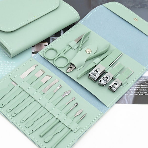 16 st Nagelset i stål Manikyr Professionell Pedikyr Grooming Kit Grön