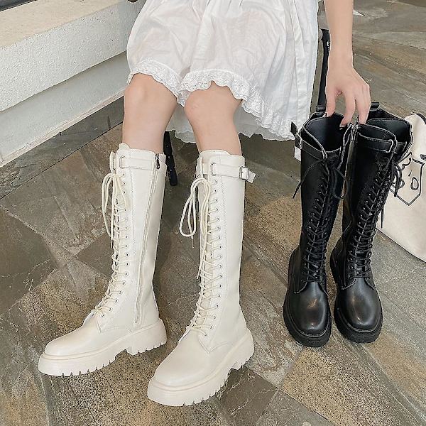 Summer Retro College Brittisk stil Tjock Botten Tjock Klack Boots White 36