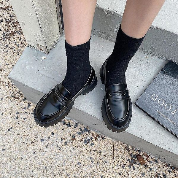 Rundtå Chunky Heel, Street Style Platform, Loafers Skor 4