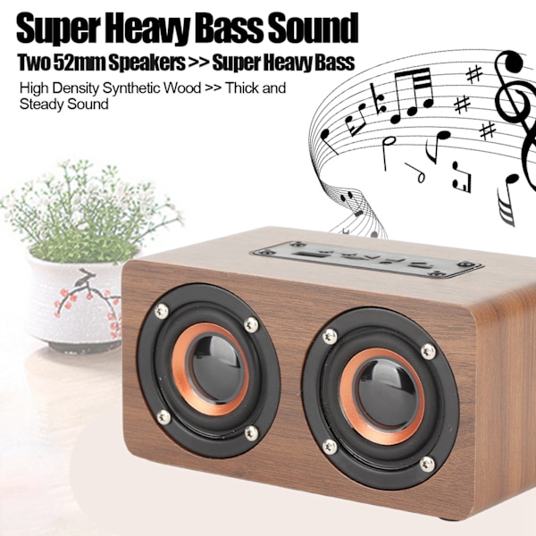 Trådlös Bluetooth-högtalare med subwoofer, FM-radio, HiFi-musikklocka, väckarklocka, stereo-subwoofer - Brun trä