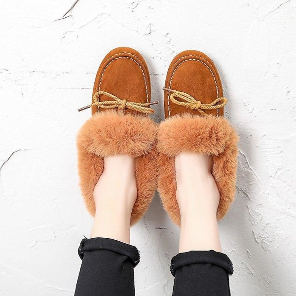 Höstvinter- Casual Fur Bowknot, Fluffy Furry, Slip-on Sneakers Set-a Brown- 6