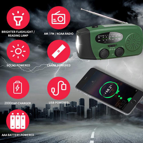Portabel Nödradio med Solpanel och Handvev 1000mah, Nödradio med LED-ficklampa SOS-alarm Handvevsradio för utomhusnöd