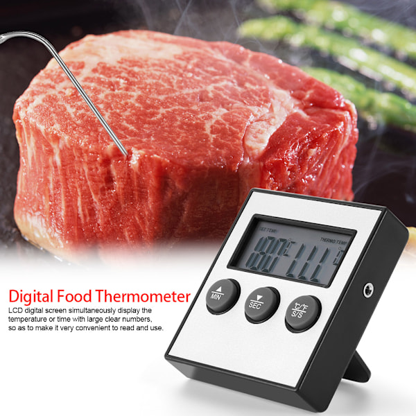 LCD Digital Display Mattermometer Temp Tidvisning med Sond Kök Matlagning Bakning BBQ