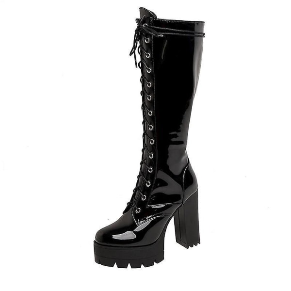 Läder Knähöga, snörning plattform boots för damer black shoes 11