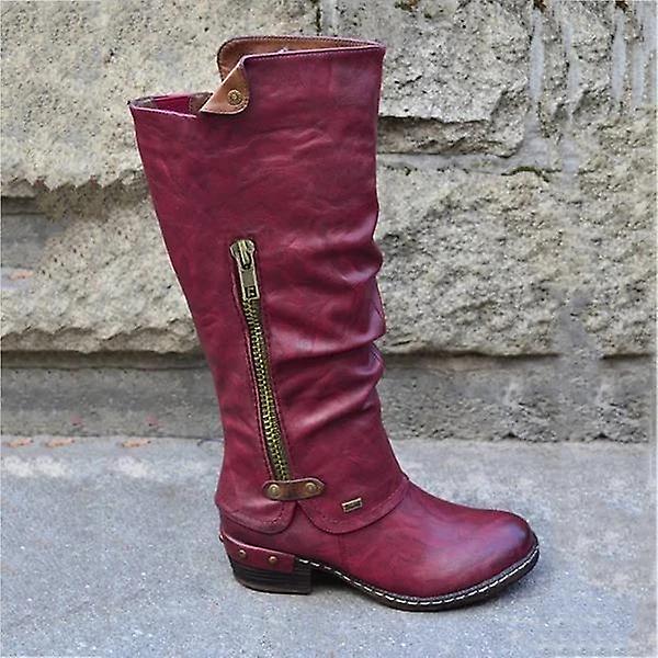 Nya kvinnliga mid kalv vintage brittiska Pu-läderstövlar Wine red 35