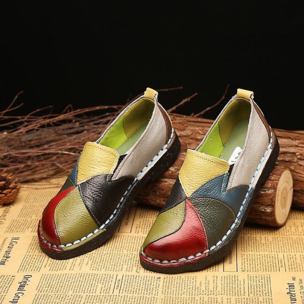 Dam Läder Loafers Slip-on Sydda Ballerinaskor Green 9