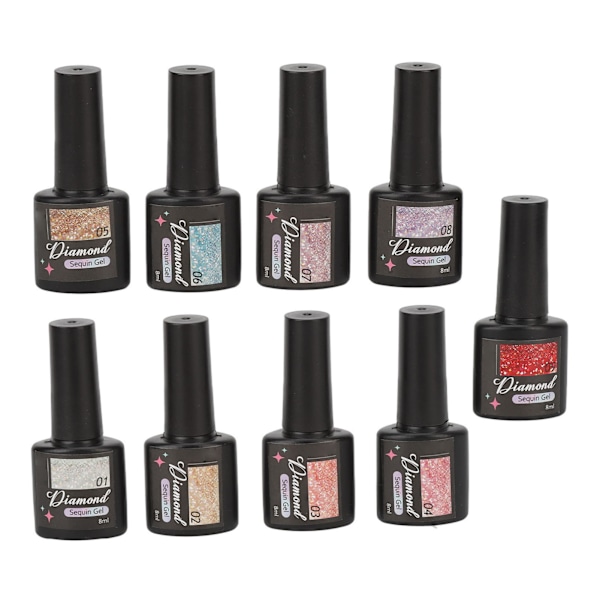9 st Glitter Gel Nagellack Set 8ml Flerfärgade Diamantnaglar för DIY Konstdesign