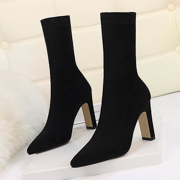 Dam Stora Storlekar Flock Sexiga Party Tjock Klack Ankelboots Skor Beige 9CM 5