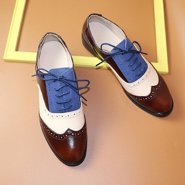 Kvinnors Flats Oxfords Sneakers i äkta läder - Brun Beige Blå 9