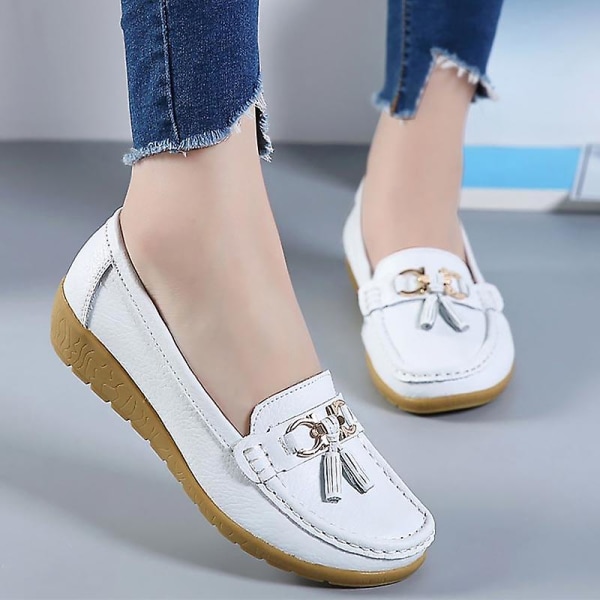 Summer Loafers, Äkta Läder Mjukt Äkta Läder Dam Platta Skor Set-2 White 6