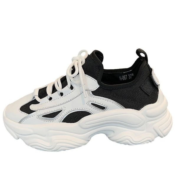 Damskor med snörning i tjocka plattform Casual läderskor, bekväma promenadsneakers black2 6