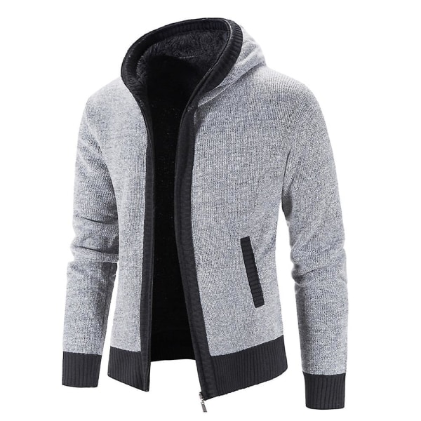 Casual Slim Full Zip Tjock Stickad Huv Cardigan Sweaters för män grå L