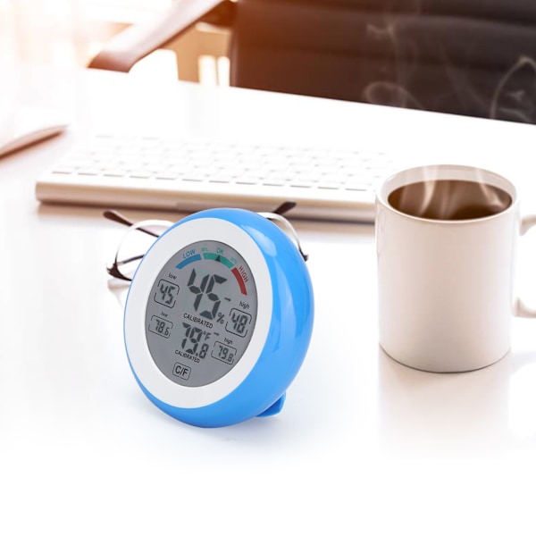 Digital LCD Touch Screen Termometer Hygrometer Temperatur Luftfuktighetstemperaturmätare för Hushåll Inomhus Blå