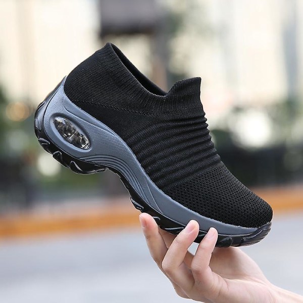 Fjäder- Flat Slip-on Plattform, Mesh Sock Sneakers, Skor ( Set 1) Black 35