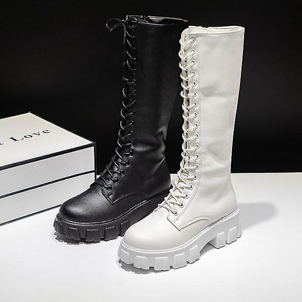 Mode kvinnor Cross Strap Pu Läder Knähöga stövlar Black 43