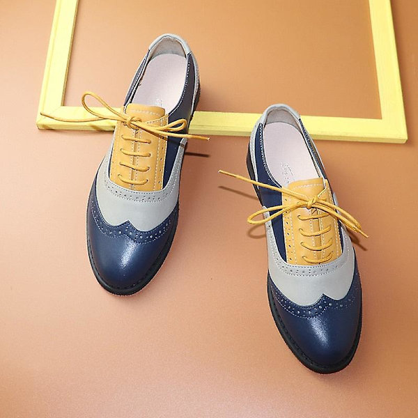 Kvinnors Flats Oxfords Sneakers i äkta läder - Blå Grå Gul 6.5