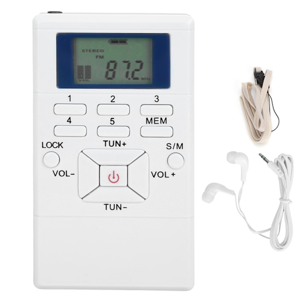 QQT102 Professionell Radio Mini Bärbar FM Stereo Mottagare med LCD-Skärm Hörlurar Vit