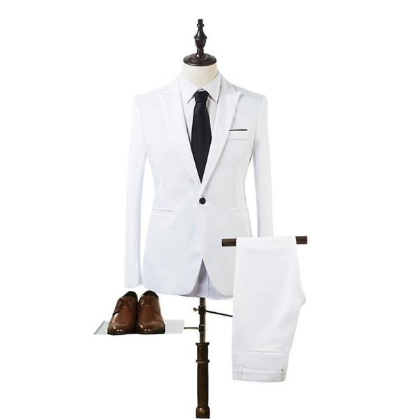 Män 2-delad Business formell kostym Set Slim Fit Blazer Byxor vit XL