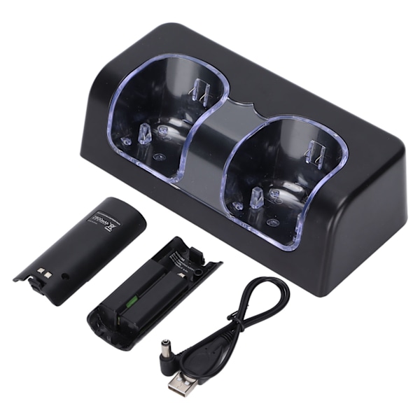 Fjärrkontroll Batteriladdare med Strömkabel Stabil Bärbar Dubbel Laddningsstation Dock för Wii Spel Fjärrkontroll Batteri Svart