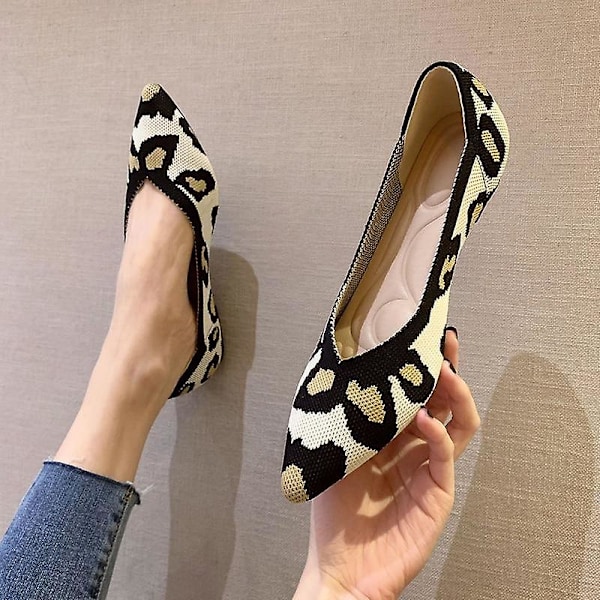 Nya Mjuka Skor, Andningsbara Stickade Spetsiga Skor Leopard B 5.5