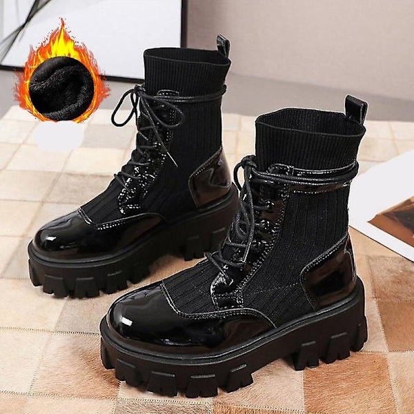 Nakenstövlar i mjukt läder, vintersko för kvinnor Black with plush 7.5