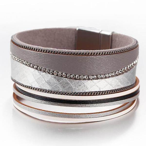 Kvinnor Läderarmband, Crystal Bohemian Wrap Multilayer Wide Armband Silver
