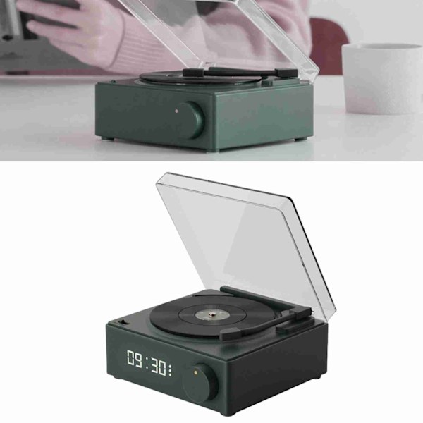 Roterande Vinylskiva Väckarklocka Högtalare Retro 360 Graders Stereo Trådlös Klocka Bluetooth Högtalare för Hem Sovrum Kontor Grön