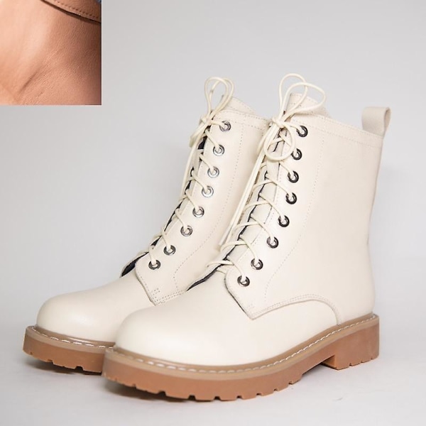 Kvinnor Höst Vinter Låg Klack Cross Strap Läder Ankel Boots Beige PU Inside 37 /