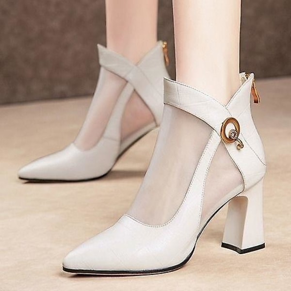 Sommar- Crystal Lace Zip, Mesh Pumps, High-heels Classics Sandaler Creamy-white 4