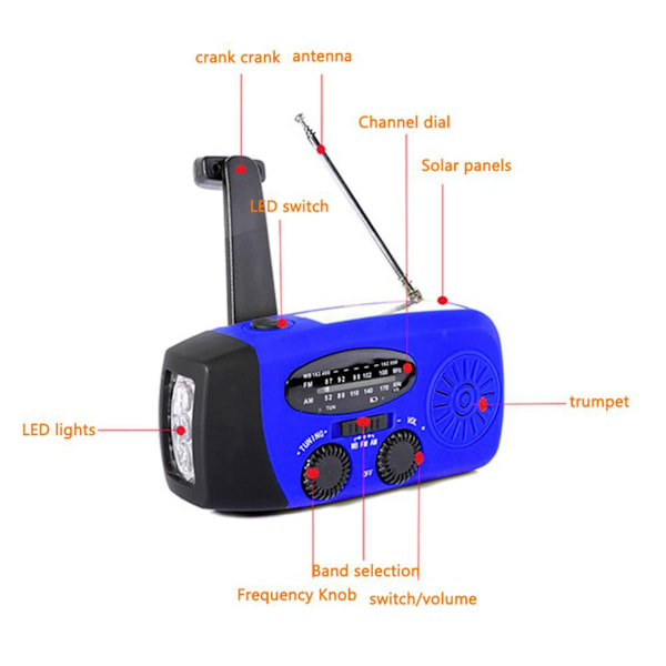 Portabel Nödradio med Solpanel och Handvev 1000mah, Nödradio med LED-ficklampa SOS-alarm Handvevsradio för utomhusnöd