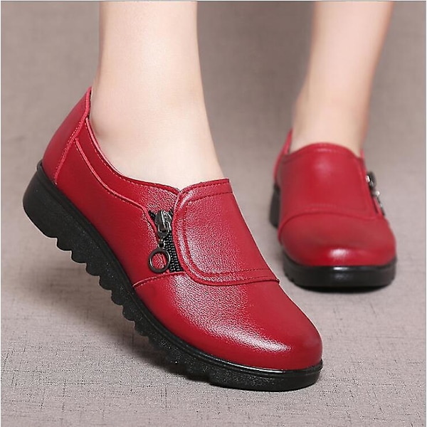 Dam Mode Casual Mjukt Läder Rund Tå, Ballerinaskor Red 36