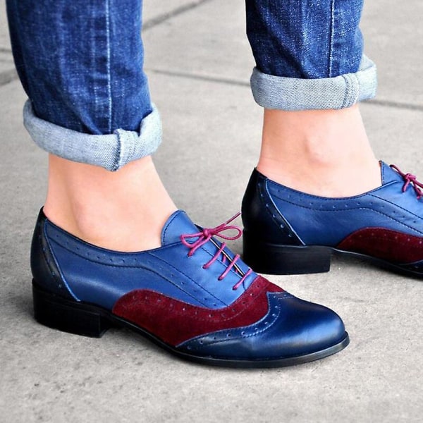 Kvinnors Flats Oxfords Sneakers i äkta läder - Brun Beige Blå 9.5