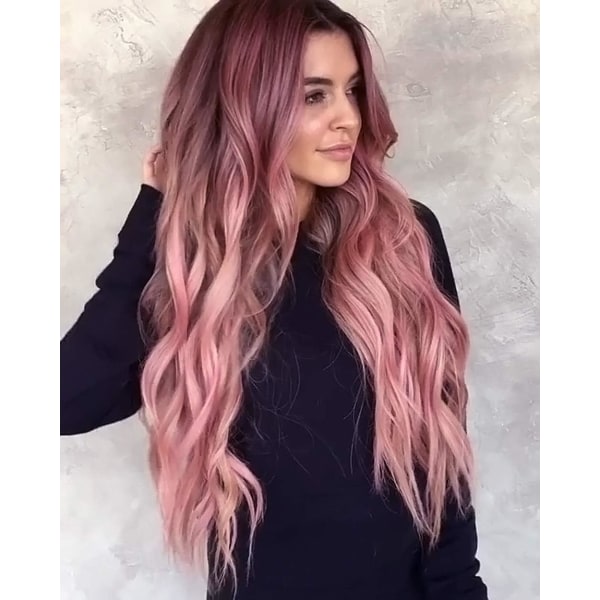 Långa rosa peruker för kvinnor Naturligt syntetiskt hår Ombre Rosa peruk med mörka rötter Syntetisk peruk Lösa vågiga peruker Värmebeständig