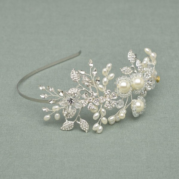 Handgjorda pärlbröllopspannband för kvinnor, Silver Rhinestone Hårband Bröllopshuvudstycken, tillbehör till hårsmycken