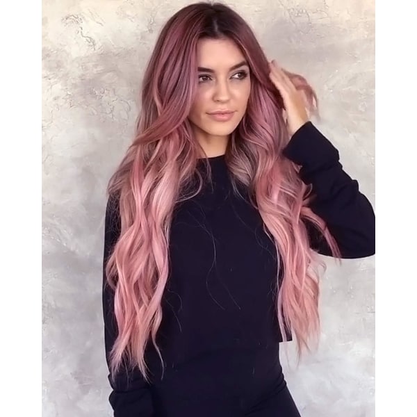 Långa rosa peruker för kvinnor Naturligt syntetiskt hår Ombre Rosa peruk med mörka rötter Syntetisk peruk Lösa vågiga peruker Värmebeständig